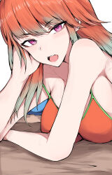 Rule 34 | 1girl, absurdres, armpits, bikini, blunt bangs, breasts, collarbone, commentary, gradient hair, green hair, head rest, highres, hololive, hololive english, large breasts, light blush, long hair, looking at viewer, lying, multicolored hair, on stomach, orange bikini, orange hair, purple eyes, sak1 01, simple background, solo, swimsuit, symbol-only commentary, takanashi kiara, teeth, two-tone hair, upper body, upper teeth only, virtual youtuber, white background