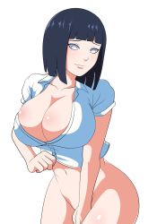 Rule 34 | 1girl, artist request, black hair, bob cut, boruto: naruto next generations, bottomless, breasts, cleavage, covering privates, covering crotch, highres, huge breasts, hyuuga hinata, large breasts, purple eyes, naruto, naruto (series), navel, nipples, no pupils, pupiless eyes, purple eyes, short hair, solo, tagme, white background, white eyes, wide hips