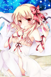 Rule 34 | 1girl, alternate costume, armpits, asymmetrical hair, bare shoulders, bed sheet, blonde hair, bow, breasts, camisole, flandre scarlet, hair bow, hair ribbon, hand to own mouth, lying, on back, pillow, red eyes, ribbon, sayukamado, short hair, side ponytail, small breasts, solo, thighhighs, thighs, touhou, white thighhighs
