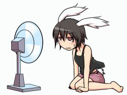 Rule 34 | 1girl, animal ears, animated, animated gif, bare shoulders, black hair, casual, full body, hand fan, inaba tewi, kuroba rapid, lowres, motion blur, open mouth, rabbit ears, rabbit girl, rabbit tail, red eyes, short hair, short sleeves, shorts, simple background, sitting, solo, sweat, tail, tank top, touhou, white background
