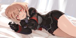Rule 34 | 1girl, azur lane, bed sheet, black gloves, black jacket, black skirt, blonde hair, blush, brown eyes, collared jacket, commentary request, cross, evil grin, evil smile, ganesagi, gloves, glowing, glowing eyes, grin, indoors, iron cross, jacket, long sleeves, looking at viewer, lying, miniskirt, multicolored hair, no headgear, on bed, on side, outstretched hand, pillow, pleated skirt, pointing, pointing at viewer, red hair, roon (azur lane), short hair, skirt, smile, solo, streaked hair, teeth