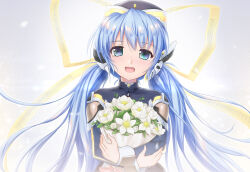 Rule 34 | 1girl, :d, artist request, blue hair, blush, bouquet, crossed arms, eyelashes, floating hair, flower, green eyes, grey background, hair between eyes, hair ribbon, happy, holding, holding bouquet, hoshino yumemi, long hair, long ribbon, long sleeves, looking at viewer, low twintails, open mouth, planetarian, ribbon, robot ears, second-party source, simple background, smile, solo, straight-on, twintails, upper body, very long hair, white flower, yellow ribbon