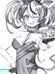 Rule 34 | 1girl, animal ears, breasts, dice hair ornament, greyscale, grin, hair ornament, hakos baelz, hakos baelz (rat), highres, holding, holding tray, hololive, hololive english, irys (hololive), leotard, looking at viewer, medium breasts, monochrome, mouse ears, mouse girl, mouse tail, multicolored hair, nanashi (nlo), one eye closed, sharp teeth, simple background, smile, smol irys, solo, streaked hair, tail, teeth, tray, twintails, virtual youtuber, white background