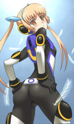 Rule 34 | 00s, 1girl, ass, awa, blonde hair, bodysuit, element hunters, feathers, from behind, from below, hair ornament, hairband, hands on own hips, hannah weber, looking back, solo, twintails, yellow eyes