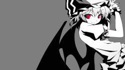 Rule 34 | 1girl, bat wings, greyscale, monochrome, puffy sleeves, red eyes, remilia scarlet, ribbon, shingo (missing link), short hair, smile, solo, spot color, touhou, wings, wrist cuffs