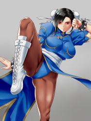 Rule 34 | 1girl, alternate hairstyle, black hair, blue dress, boots, bracelet, breasts, brown pantyhose, bun cover, capcom, china dress, chinese clothes, chun-li, chun-li (cosplay), cosplay, cross-laced footwear, double bun, dress, final fantasy, final fantasy vii, hair bun, highres, jewelry, large breasts, leotard, leotard peek, pantyhose, pelvic curtain, puffy short sleeves, puffy sleeves, red eyes, short sleeves, side slit, solo, spiked bracelet, spikes, standing, standing on one leg, street fighter, switch01, thighs, tifa lockhart, white footwear
