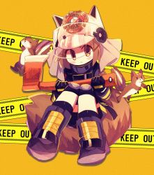 Rule 34 | 1girl, :&lt;, animal ears, animal ears helmet, arknights, axe, black footwear, black gloves, blush stickers, boots, brown hair, caution tape, fire axe, firefighter, gloves, helmet, highres, holding, holding axe, looking at viewer, shaw (arknights), short hair, solo, squirrel, squirrel ears, squirrel tail, stylishtrash, tail, visor