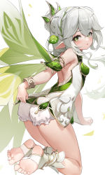 Rule 34 | 1girl, absurdres, ass, berserker r, blush, bracelet, breasts, buruma, colored tips, cross-shaped pupils, dress, genshin impact, gradient hair, green hair, hair ornament, highres, jewelry, kneeling, leaf hair ornament, long hair, looking at viewer, median furrow, multicolored hair, nahida (genshin impact), parted lips, pointy ears, ponytail, short dress, simple background, small breasts, socks, solo, symbol-shaped pupils, thighs, toeless legwear, toes, white background, white hair, white socks