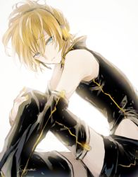 Rule 34 | 1boy, bare shoulders, blonde hair, blue eyes, boots, detached sleeves, from side, headphones, highleg, highleg leotard, kagamine len, knee up, leotard, leotard under shorts, male focus, nail polish, ponytail, project diva, project diva (series), project diva 2nd, punkish (module), saegome, shorts, simple background, sitting, solo, speaker, thigh boots, thighhighs, vocaloid, white background, yellow nails, zettai ryouiki