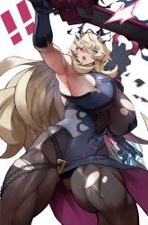 Rule 34 | !, !!, 1girl, abs, absurdres, armor, armpits, bare shoulders, biceps, black dress, black gloves, blonde hair, blue eyes, blush, breasts, brown pantyhose, chain, covered navel, crossed bangs, dress, elbow gloves, barghest (fate), barghest (second ascension) (fate), fate/grand order, fate (series), gauntlets, gloves, hair between eyes, heterochromia, highres, horns, large breasts, long hair, looking at viewer, muscular, muscular female, open mouth, pantyhose, pauldrons, pelvic curtain, red eyes, shoulder armor, sideboob, simple background, single gauntlet, single glove, single pauldron, solo, sword, thick thighs, thighs, toned, torn clothes, torn dress, weapon, yoshio (55level)