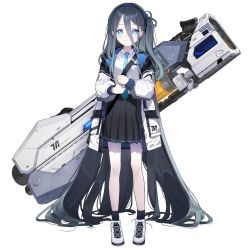 Rule 34 | 1girl, absurdly long hair, aris (blue archive), blue archive, blue eyes, blue hair, blush, boots, commentary request, dark blue hair, doremi, full body, hair between eyes, halo, headband, jacket, long hair, looking at viewer, magnetic weapon, necktie, official art, railgun, school uniform, smile, solo, transparent background, very long hair, weapon