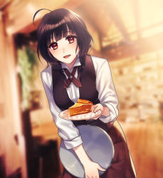 Rule 34 | 1girl, ahoge, apple pie, apron, black hair, black vest, blurry, blurry background, braid, brown apron, brown eyes, commentary request, cowboy shot, dutch angle, food, highres, holding, holding plate, holding tray, indoors, leaning forward, long sleeves, original, parted lips, pie, pie slice, plate, shirt, short hair, sleeves rolled up, solo, standing, tray, twin braids, vest, waitress, white shirt, yuzuki kaoru