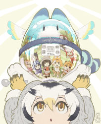Rule 34 | 6+girls, animal ears, backpack, bag, black footwear, black hair, blonde hair, blue footwear, blue hair, bow, bowtie, catcar0983, common raccoon (kemono friends), fennec (kemono friends), gloves, grey headwear, grey shorts, hair between eyes, hand up, hat feather, head wings, highres, hippopotamus (kemono friends), hippopotamus ears, holding, jaguar (kemono friends), jaguar ears, jaguar print, japanese crested ibis (kemono friends), kaban (kemono friends), kemono friends, long sleeves, looking at viewer, looking up, lucky beast (kemono friends), multicolored hair, multiple girls, no nose, northern white-faced owl (kemono friends), open mouth, raccoon ears, red eyes, red hair, red legwear, red neckwear, red shirt, serval (kemono friends), serval print, serval tail, shirt, shoes, short hair, short sleeves, shorts, smile, spoon, tail, two-tone hair, white hair, wings, yellow eyes, yellow gloves