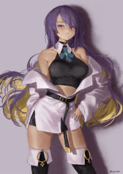Rule 34 | 1girl, :&lt;, bare shoulders, belt, black belt, black footwear, black shirt, blonde hair, blouse, blue neckwear, blush, boots, breasts, closed mouth, contrapposto, earrings, grey background, highres, hololive, hololive indonesia, jacket, jewelry, large breasts, long hair, long sleeves, moona hoshinova, multicolored hair, off shoulder, open clothes, open jacket, purple hair, shadow, shirt, simple background, single earring, sleeveless, sleeveless shirt, solo, thigh boots, thighhighs, two-tone hair, virtual youtuber, white jacket, zeradok
