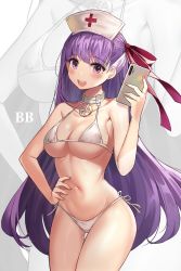 Rule 34 | 1girl, bad id, bad pixiv id, bare arms, bare shoulders, bb (fate), bb (fate/extra), bikini, breasts, cellphone, choker, cleavage, collarbone, cowboy shot, fate/extra, fate/extra ccc, fate (series), groin, hair ribbon, half updo, halterneck, hand on own hip, hand up, hat, holding, holding phone, large breasts, long hair, looking at viewer, navel, nurse, nurse cap, phone, purple eyes, purple hair, red ribbon, ribbon, side-tie bikini bottom, smartphone, solo, standing, stomach, suou-sensei, swimsuit, thigh gap, very long hair, white bikini, zoom layer
