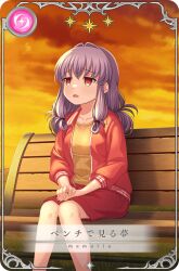 1girl artist_request bare_legs card_(medium) casual cloud collarbone collared_jacket dot_nose empty_eyes feet_out_of_frame frown game_cg hair_intakes hair_rings hair_tie hand_on_hand hands_on_lap inami_mitsuru jacket jewelry knees long_hair long_sleeves looking_ahead magia_record:_mahou_shoujo_madoka_magica_gaiden mahou_shoujo_madoka_magica miniskirt official_art on_bench open_clothes open_jacket open_mouth outdoors own_hands_together pencil_skirt picture_frame purple_hair red_eyes red_jacket red_skirt ring sad shirt sidelocks sitting skirt sky solo star_(symbol) sunset translated yellow_shirt yellow_sky