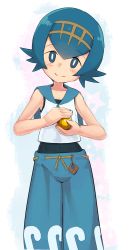 Rule 34 | 1girl, bare arms, bare shoulders, black one-piece swimsuit, blue eyes, blue hair, blue pants, blue sailor collar, blush, bright pupils, brown hairband, closed mouth, collarbone, creatures (company), crop top, eyebrows, facing viewer, game freak, hair between eyes, hairband, head tilt, highres, holding, lana (pokemon), looking at viewer, nintendo, nugget (pokemon), nyonn24, one-piece swimsuit, pants, pokemon, pokemon sm, sailor collar, shirt, short hair, sleeveless, sleeveless shirt, smile, solo, star (symbol), starry background, swimsuit, swimsuit under clothes, tareme, trial captain, white pupils, white shirt