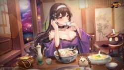 Rule 34 | 1girl, architecture, artist request, bowl, breasts, brown eyes, brown hair, chinese spoon, choko (cup), cleavage, cup, east asian architecture, food, hairband, hedgehog, highres, indoors, japanese clothes, kimono, large breasts, logo, mahjong soul, mole, mole under eye, moon, night, nikaidou miki, noodles, official art, official wallpaper, purple kimono, ramen, sitting, stool, table, teapot, white hairband