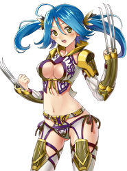 Rule 34 | 1girl, absurdres, ahoge, armor, bikini armor, blue hair, blush, breasts, claw (weapon), cleavage, detached sleeves, dragon maker, gaou (umaiyo puyoman), highres, midriff, navel, open mouth, panties, pauldrons, shoulder armor, side-tie panties, simple background, smile, solo, thighhighs, twintails, underwear, weapon, white background, white thighhighs, yellow eyes