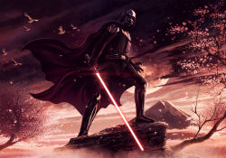 Rule 34 | 1boy, 5health, bird, cape, cherry blossoms, darth vader, energy sword, floating cape, helmet, holding, holding sword, holding weapon, lightsaber, looking ahead, male focus, moon, mount fuji, open hand, science fiction, sith, solo, standing, star wars, sword, tree, weapon