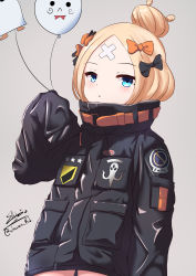 Rule 34 | 1girl, abigail williams (fate), abigail williams (traveling outfit) (fate), absurdres, balloon, black bow, black jacket, blonde hair, blue eyes, blush, bow, commentary request, crossed bandaids, fate/grand order, fate (series), fou (fate), grey background, hair bow, hair bun, hand up, heroic spirit traveling outfit, highres, holding, holding balloon, jacket, long hair, long sleeves, looking at viewer, medjed (fate), official alternate costume, orange bow, parted bangs, parted lips, sato art, signature, simple background, single hair bun, sleeves past fingers, sleeves past wrists, solo, star (symbol), twitter username
