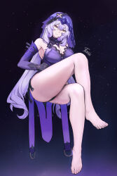 Rule 34 | 1girl, absurdres, bare legs, bare shoulders, barefoot, black gloves, black swan (honkai: star rail), breasts, cleavage, commentary request, crossed legs, dress, elbow gloves, gloves, highres, honkai: star rail, honkai (series), large breasts, long hair, looking at viewer, purple dress, purple hair, sitting, sleeveless, sleeveless dress, smile, solo, thick thighs, thighs, tierla, veil, very long hair