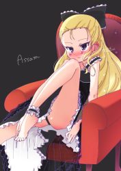Rule 34 | 1girl, absurdres, ankle cuffs, armchair, assam (girls und panzer), barefoot, black background, black bow, black dress, black panties, blonde hair, blue eyes, blush, bow, chair, character name, closed mouth, commentary, dress, frilled bow, frilled cuffs, frilled dress, frills, girls und panzer, hair bow, hair pulled back, highres, leaning back, leg up, legs, long hair, medium dress, mmmm, panties, pantyshot, sitting, sleeveless, sleeveless dress, smile, solo, twitter username, underwear