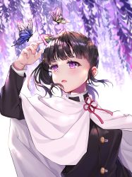 Rule 34 | 1girl, black hair, bug, butterfly, butterfly hair ornament, cape, flower, hair ornament, hand up, highres, hizuki higure, insect, kimetsu no yaiba, long sleeves, looking away, looking to the side, nail polish, pink nails, purple eyes, side ponytail, sidelocks, solo, tsuyuri kanao, uniform, upper body, white cape, wisteria