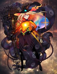 Rule 34 | 1girl, abigail williams (fate), absurdres, alien, blonde hair, blue eyes, blush, bow, breasts, cthulhu mythos, earrings, eldritch abomination, fate/grand order, fate (series), forehead, fusion, hat, highres, jewelry, key, key earrings, keyhole, long hair, looking at viewer, medium breasts, monkey jon, monster, original, parted bangs, see-through body, sky, smile, smirk, solo, sparkle, staff, star (sky), star (symbol), starry background, starry sky, tentacles, thighhighs, witch, witch hat