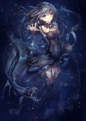 Rule 34 | 1girl, air bubble, animal, bare shoulders, black dress, black footwear, black hair, black thighhighs, blue eyes, blurry, blush, breasts, bubble, crown, detached sleeves, dress, dutch angle, fish, fish request, garter straps, gothic lolita, hair between eyes, highres, lolita fashion, long hair, long sleeves, looking at viewer, medium breasts, mini crown, missile228, original, parted lips, shoes, sleeveless, sleeveless dress, solo, thighhighs, underwater, very long hair