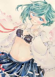 Rule 34 | 1girl, black bra, blue eyes, blush, bra, chaka3464, closed mouth, clothes lift, commentary request, frilled skirt, frills, green hair, midriff, navel, shiki eiki, shirt lift, short hair, skirt, smile, solo, stomach, touhou, traditional media, underwear