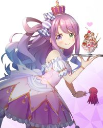 Rule 34 | 1girl, :p, absurdres, candy hair ornament, commentary request, crown, dress, food, food-themed hair ornament, fork, hair ornament, hair rings, heterochromia, highres, himemori luna, himemori luna (1st costume), hololive, long hair, looking at viewer, octopus, parfait, pink hair, plate, simple background, solo, takoyaki, tongue, tongue out, virtual youtuber