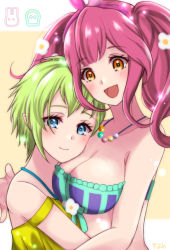 Rule 34 | 2girls, :d, bikini, blue eyes, blush, bow, breasts, cleavage, closed mouth, collarbone, floating hair, flower, frilled bikini, frilled bikini top, frills, green hair, hair bow, hair flower, hair ornament, hairband, halterneck, highres, jewelry, long hair, looking at viewer, luxunshangxiang, macross, macross delta, makina nakajima, multiple girls, necklace, off-shoulder shirt, off shoulder, open mouth, orange eyes, pink bow, pink hair, pink hairband, pointy ears, reina prowler, shirt, short hair, sleeveless, sleeveless shirt, smile, swimsuit, upper body, white flower, yellow shirt