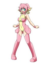 Rule 34 | 1girl, audino, bare shoulders, blue eyes, boots, breasts, covered navel, creatures (company), game freak, gen 5 pokemon, medium breasts, multicolored hair, nintendo, open mouth, personification, pink hair, pokemon, sakasa gurasan, short hair, solo, wristband, wrists extended
