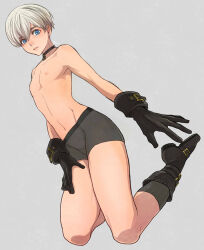 Rule 34 | 1boy, 9s (nier:automata), bishounen, black choker, black gloves, blue eyes, choker, closed mouth, from below, full body, gloves, grey background, kneeling, male focus, nier:automata, nier (series), nipples, payu (pyms11), shoes, shorts, simple background, socks, solo, thighs, topless male, trap, underwear, white hair