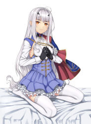 Rule 34 | 1girl, absurdres, black gloves, breasts, melusine (fate), fate/grand order, fate (series), frills, gloves, grey hair, highres, long hair, looking at viewer, medium breasts, orange eyes, solo, thighhighs, white thighhighs, yossyzero