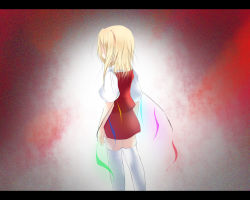Rule 34 | 1girl, blonde hair, female focus, flandre scarlet, from behind, letterboxed, no headwear, no headwear, one side up, oouso, short sleeves, side ponytail, solo, thighhighs, touhou, white thighhighs, wings, zettai ryouiki