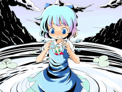 Rule 34 | 1girl, bad id, bad pixiv id, blue eyes, blue hair, bow, byo (kuro usagi), cirno, frog, frozen, frozen frog, hair bow, ice, matching hair/eyes, solo, embodiment of scarlet devil, touhou, wings