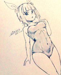 Rule 34 | 1girl, alternate costume, bare legs, blunt bangs, breasts, commentary request, covered navel, d-m (dii emu), double bun, dutch angle, eyelashes, greyscale, hair bun, hair ribbon, joutouguu mayumi, looking at viewer, monochrome, one-piece swimsuit, open mouth, ribbon, short hair, sketch, small breasts, swimsuit, touhou, traditional media