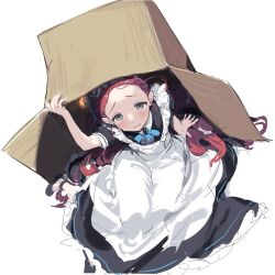 Rule 34 | 1girl, absurdres, apron, black dress, blue archive, blush, box, cardboard box, dress, forehead, frilled dress, frills, grey eyes, highres, long hair, looking at viewer, maid, maid headdress, parted lips, red hair, shisantian, short sleeves, simple background, sketch, solo, sweat, under box, very long hair, white apron, white background, yuzu (blue archive), yuzu (maid) (blue archive)