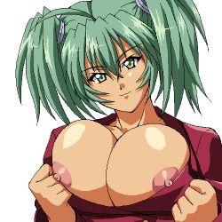 Rule 34 | 00s, 1girl, breasts, bursting breasts, clothes pull, female focus, green eyes, green hair, huge breasts, ikkitousen, looking at viewer, lowres, matching hair/eyes, nipples, no bra, ryofu housen, shirt pull, simple background, smile, solo, twintails, white background