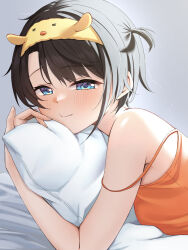 Rule 34 | 1girl, ai (u e o o), animal hairband, blue eyes, blush, breasts, brown hair, camisole, commentary request, hairband, highres, hololive, hugging object, looking at viewer, loungewear, lying, medium breasts, official alternate costume, official alternate hairstyle, on stomach, oozora subaru, oozora subaru (loungewear), orange camisole, pillow, pillow hug, short hair, smile, solo, strap slip, swept bangs, two side up, virtual youtuber, yellow hairband