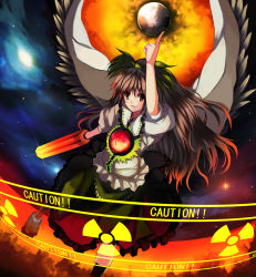 Rule 34 | 1girl, arm cannon, bad id, bad pixiv id, black hair, blush, brooch, cowboy shot, female focus, fire, fire, gem, green skirt, jewelry, ken (coffee michikusa), looking at viewer, pointing, pointing up, puffy short sleeves, puffy sleeves, radiation symbol, red eyes, reiuji utsuho, short sleeves, skirt, solo, touhou, weapon, wings