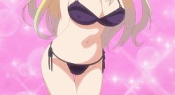 Rule 34 | 1girl, animated, animated gif, arms behind back, blonde hair, breasts, cleavage, collarbone, covered erect nipples, frey (megami-ryou no ryoubo-kun), groin, hair over one eye, large breasts, long hair, looking at viewer, lowres, megami-ryou no ryoubo-kun, navel, panties, purple eyes, purple panties, side-tie panties, solo, stomach, thighs, thong, underwear