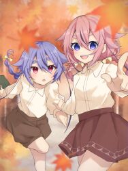 Rule 34 | 2others, autumn, autumn leaves, blue eyes, blue hair, bow, braid, collared shirt, hair bow, highres, leaf, long hair, long sleeves, maple leaf, meika hime, meika mikoto, multicolored hair, multiple others, open mouth, outdoors, pink eyes, pink hair, pointing, rageno0000, shirt, shirt tucked in, shorts, skirt, smile, standing, standing on one leg, streaked hair, thick eyebrows, twin braids, vocaloid