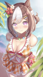 Rule 34 | 1girl, absurdres, animal ears, arm strap, armpit crease, arms behind back, bare shoulders, beach, bead necklace, beads, bikini, blue sky, blurry, blurry background, blush, braid, breasts, brown hair, cleavage, closed mouth, collarbone, color pro, commentary, flower, french braid, hair between eyes, hair flower, hair ornament, hairclip, hibiscus, highres, horse ears, horse girl, jewelry, leaf, looking at viewer, medium breasts, multicolored hair, navel, necklace, ocean, official alternate costume, orange bikini, outdoors, plaid, plaid bikini, sand, sky, smile, solo, special week (hopping vitamin heart) (umamusume), special week (umamusume), streaked hair, swimsuit, umamusume, water, white hair