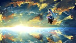 Rule 34 | 1girl, black hat, blue hair, boots, cloud, dress, female focus, hat, highres, hinanawi tenshi, keystone, long hair, red eyes, reflection, scenery, shuizao (little child), sitting, skirt, sky, smile, solo, sunset, touhou, water, water world