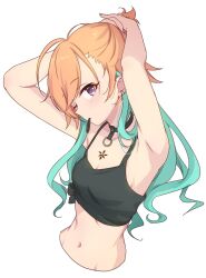 Rule 34 | 1girl, 2 nostg, ahoge, aqua hair, armpits, arms up, black camisole, blush, breasts, brown hair, camisole, cleavage, cropped torso, highres, idolmaster, idolmaster cinderella girls, looking at viewer, mouth hold, multicolored hair, ninomiya asuka, purple eyes, rubber band, shirt, simple background, sleeveless, small breasts, solo, tied shirt, tying hair, upper body, white background
