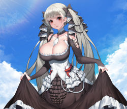 Rule 34 | 1girl, absurdres, azur lane, between breasts, black dress, blue sky, blunt bangs, blush, breasts, cleavage, cloud, cloudy sky, commentary, cowboy shot, day, detached collar, dress, english commentary, formidable (azur lane), frilled dress, frills, hair ribbon, highres, large breasts, lips, long hair, looking at viewer, morung, outdoors, rainbow, red eyes, ribbon, silver hair, skirt hold, sky, solo, sunlight, twintails, white neckwear