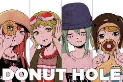 Rule 34 | 4girls, alternate hair color, animal hood, aqua hair, bead necklace, beads, blonde hair, blue eyes, closed mouth, column lineup, commentary, covering own ears, donut hole (vocaloid), doughnut, english commentary, facial mark, food, goggles, goggles on head, green hair, gumi, hair ornament, hairclip, hat, hatsune miku, holding, holding food, hood, jacket, jewelry, kagamine rin, long hair, looking at viewer, megurine luka, multiple girls, necklace, piano (agneschen), print shirt, red hair, serious, shirt, short hair, simple background, song name, twintails, vocaloid, yellow eyes